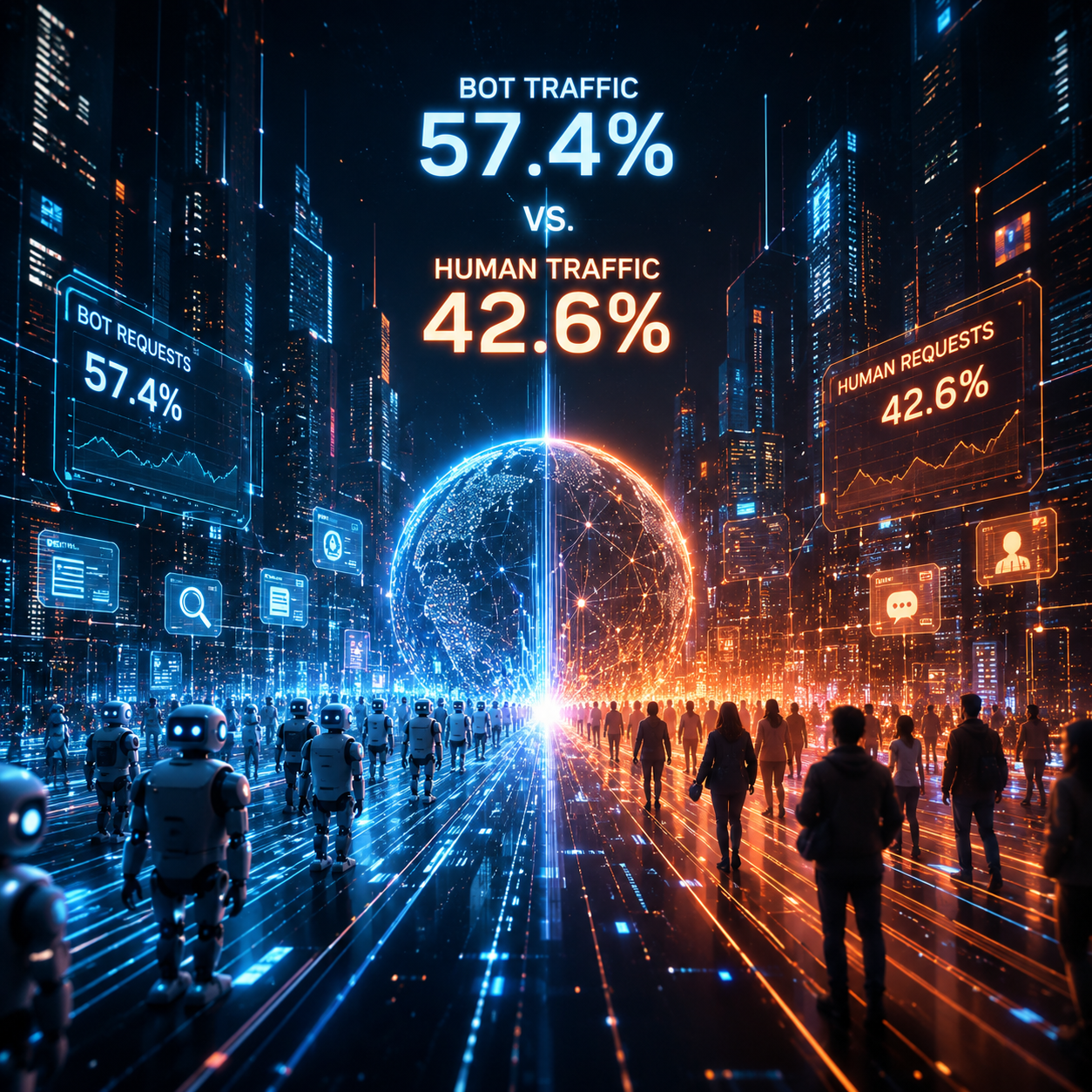 Visualization of bot traffic surpassing human traffic on the web
